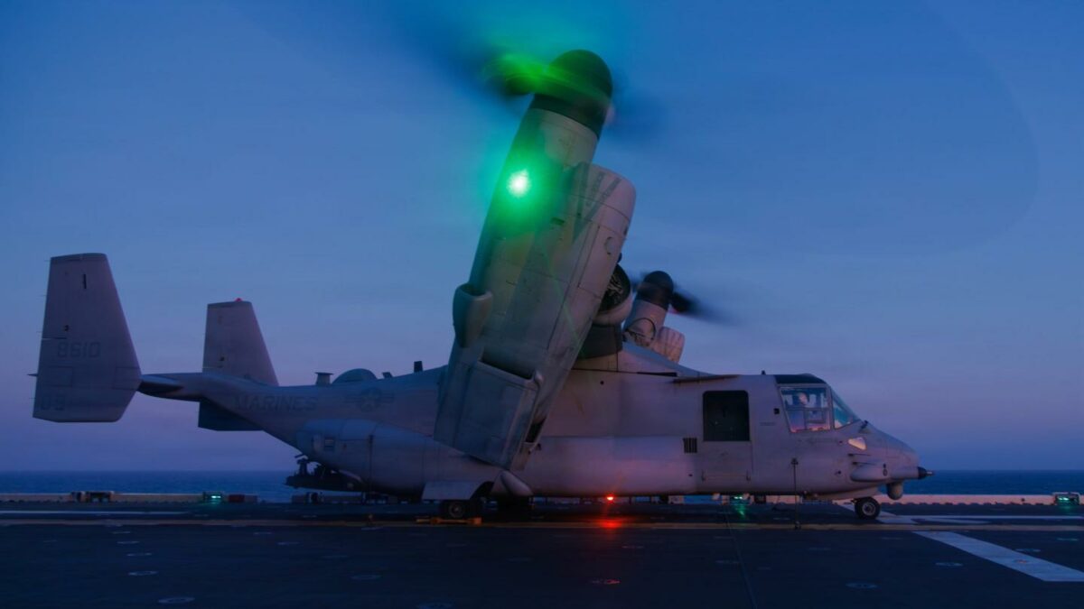 A U.S. Marine Corps MV-22B Osprey assigned to Marine Medium Tiltrotor Squadron (VMM) 265 (Rein.), 31st Marine Expeditionary Unit, prepares to lift off of the forward-deployed amphibious assault ship USS Tripoli (LHA 7), during flight operations in the U.S. Central Command area of responsibility, May 13, 2026.