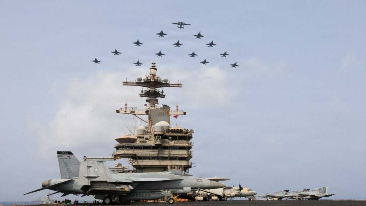 U.S. Navy aircraft and warships transit the Arabian Sea in close formation as CENTCOM forces continue to promote regional security and stability, June 30, 2026.