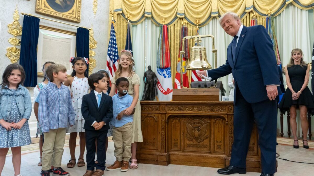 President Donald Trump rings the opening bell for the New York Stock Exchange and the Nasdaq in the Oval Office at the White House to celebrate Trump Accounts.