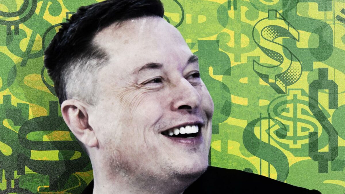 Elon Musk surrounded by Money symbols