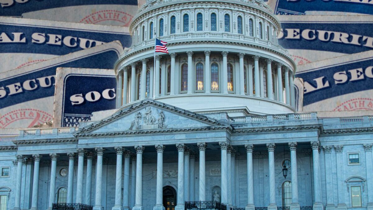 Image of the Capitol Building set against Social Security cards