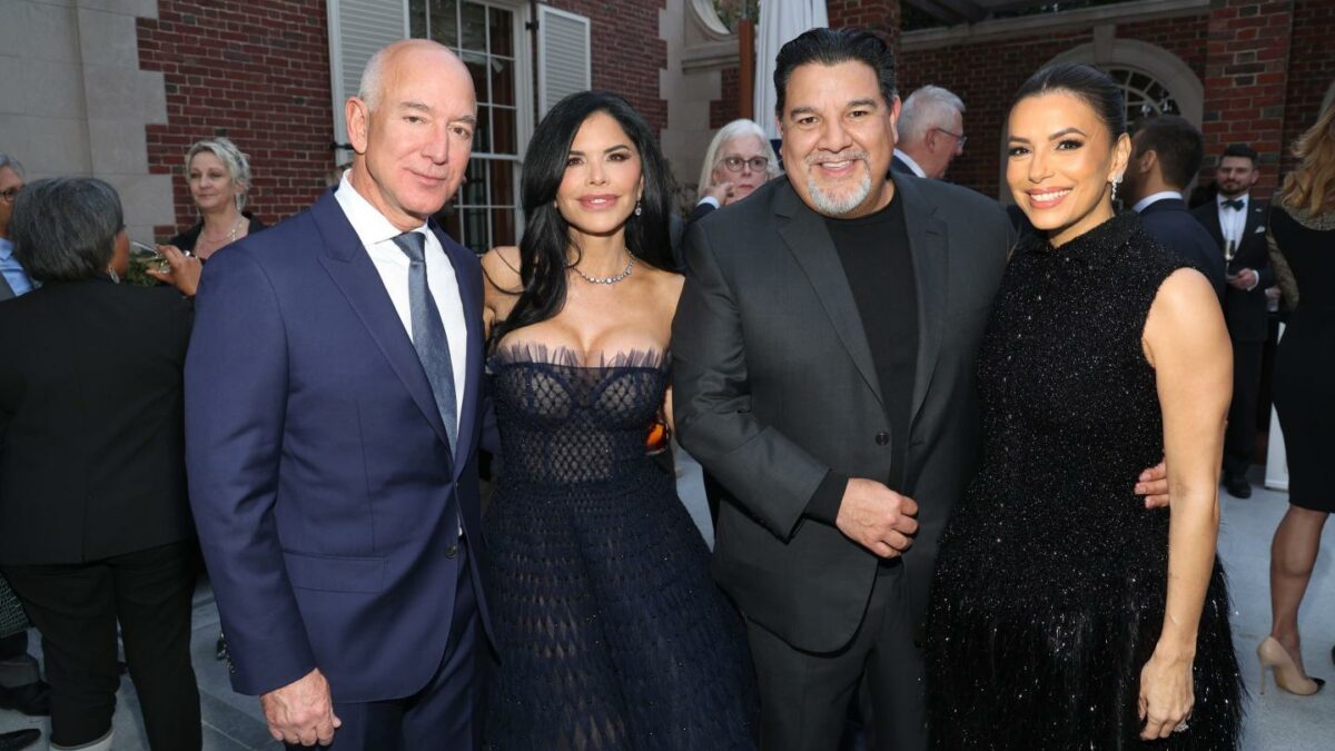 Photo of (left to right) Jeff Bezos, Lauren Sánchez, Cris Abrego, and Eva Longoria