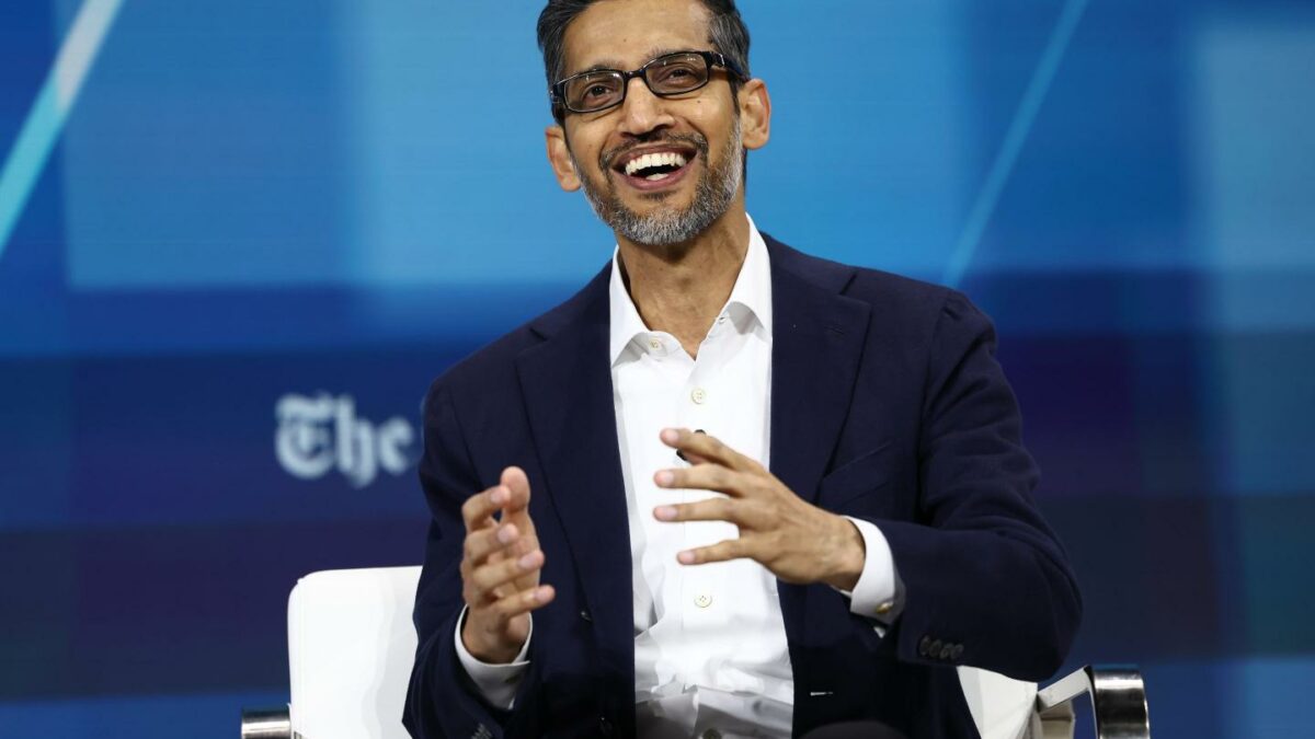 Sundar Pichai, CEO of Google and Alphabet, speaks during the New York Times annual DealBook summit at Jazz at Lincoln Center on December 4, 2024 in New York City.
