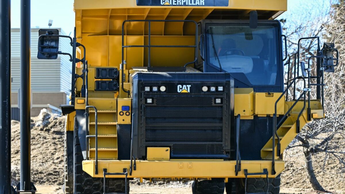 A Caterpillar 773G off-road dump truck parked outside Finning, a leading Canadian dealer of Caterpillar industrial equipment, in Edmonton, Alberta, Canada