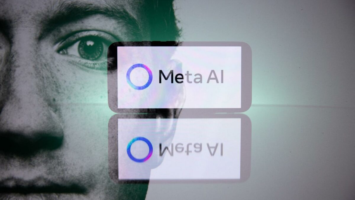 Double exposure photograph of a portrait of Mark Zuckerberg and a telephone displaying the Meta group s artificial intelligence logo at Kerlouan in Brittany in France on April 11 2025. (Photo by Vincent Feuray / Hans Lucas / Hans Lucas via AFP) (Photo by VINCENT FEURAY/Hans Lucas/AFP via Getty Images)