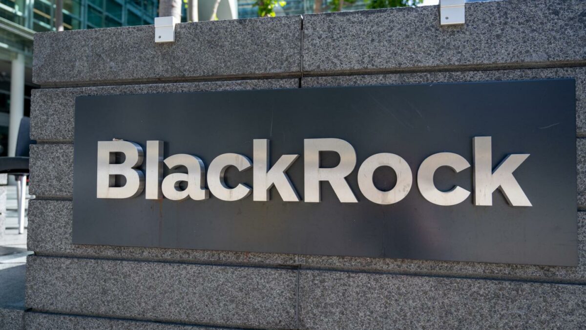 Exterior sign for BlackRock investment firm outside office building, San Francisco, California, May 27, 2025.