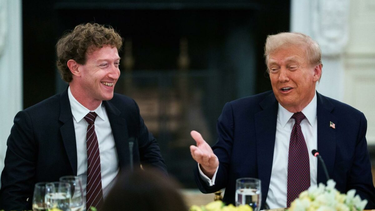 Mark Zuckerberg, chief executive officer of Meta Platforms Inc., left, and US President Donald Trump during a dinner with tech leaders in the State Dining Room of the White House in Washington, DC, US, on Thursday, Sept. 4, 2025. US President Donald Trump said he would be imposing tariffs on semiconductor imports "very shortly" but spare goods from companies like Apple Inc. that have pledged to boost their US investments. Photographer: Will Oliver/EPA/Bloomberg via Getty Images