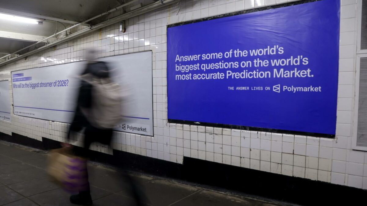 an ad for polymarket in a subway station