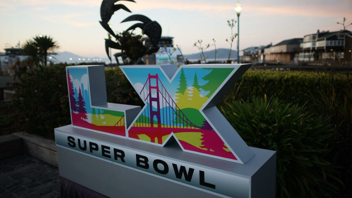 A view of Super Bowl LX signage at Pier 39 is seen on February 4, 2026 in San Francisco, California.