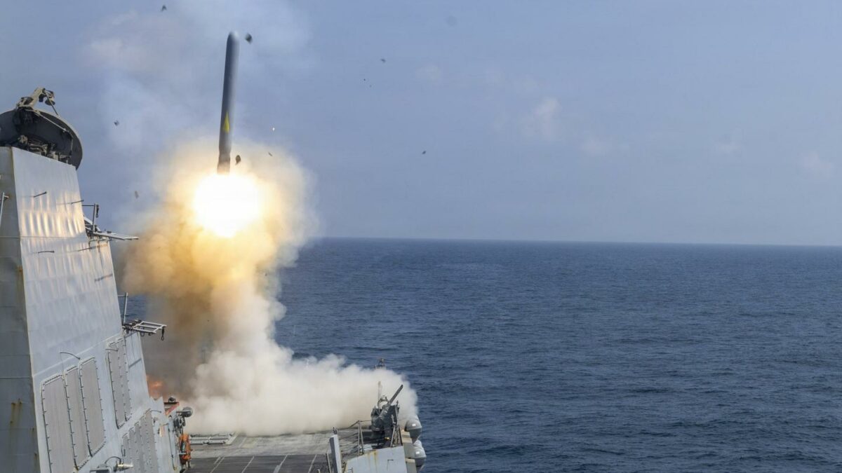 The USS Delbert D. Black (DDG 119) fires a Tomahawk Land Attack Missile (TLAM) in support of Operation Epic Fury on February 28, 2026 in the Mediterranean Sea.