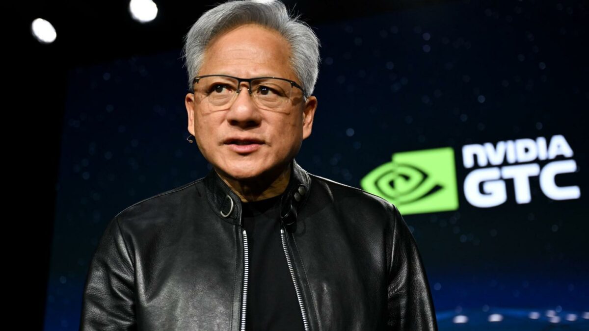 Jensen Huang looks to his right while onstage at Nvidia GTC.