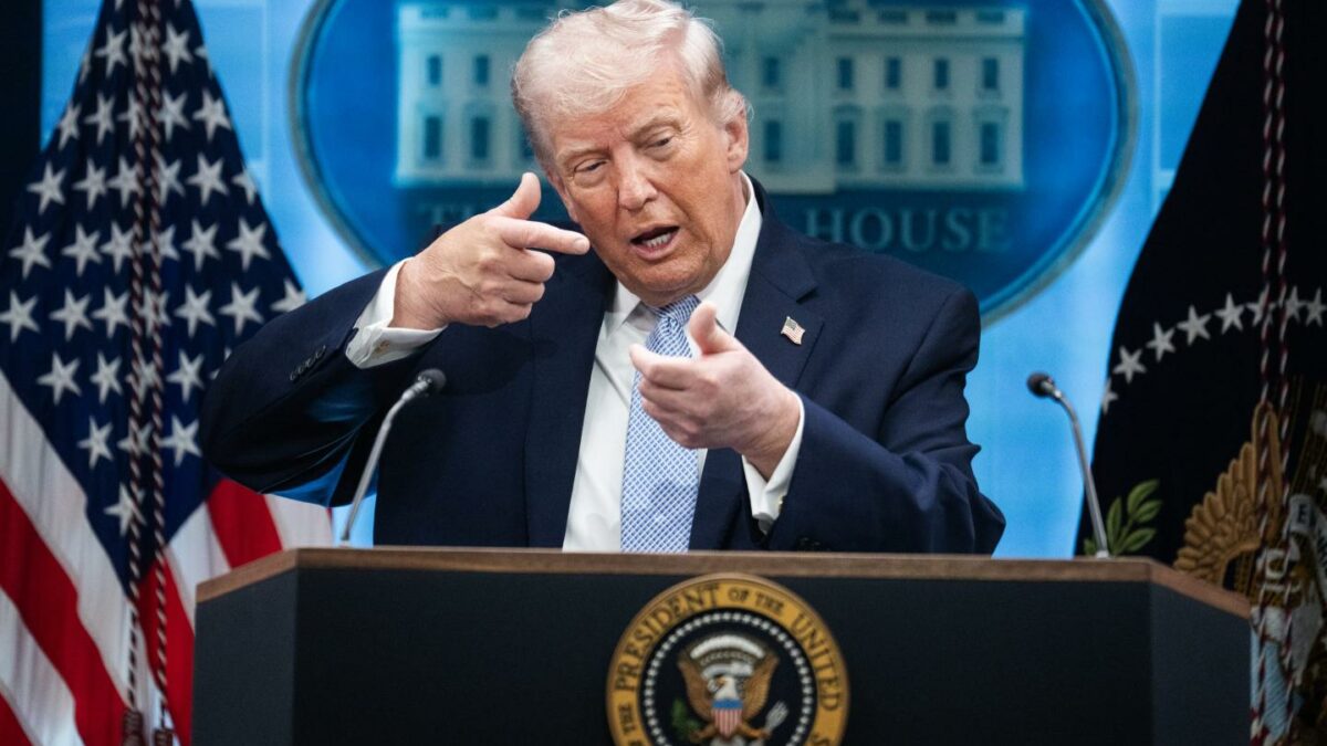 President Donald Trump during a news conference on the Iran war, at the White House, April 6, 2026.