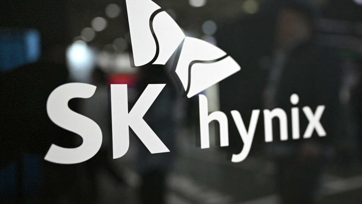 The SK Hynix logo on display during the World IT Show in Seoul, April 22, 2026.