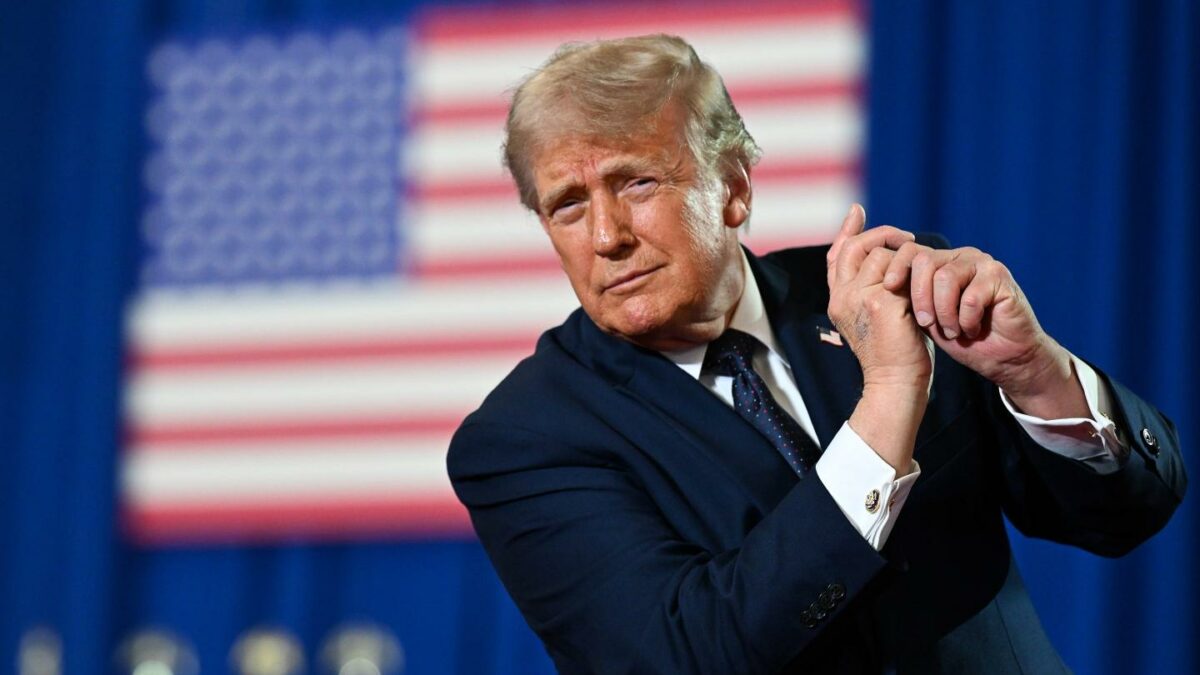 President Donald Trump dances on stage after delivering remarks during a campaign and economic policy event in the Eugene Levy Fieldhouse at SUNY Rockland Community College on May 22, 2026 in Suffern, New York.