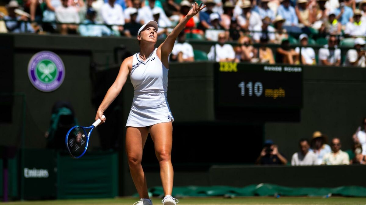 Linda Noskova in the quarter-final on Day Ten of The Championships Wimbledon 2026 at All England Lawn Tennis and Croquet Club on July 08, 2026