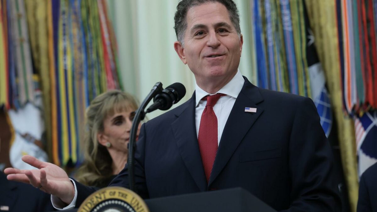 Tech billionaire Michael Dell speaks during an event to mark the first day of trading for "Trump Accounts" in the Oval Office at the White House on July 06, 2026.