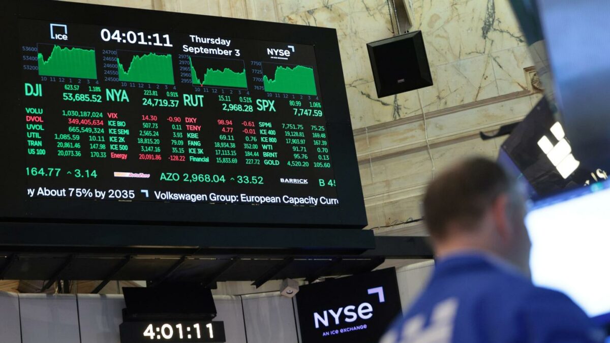 Picture of a screen displaying stock market data on the floor of the New York Stock Exchange.