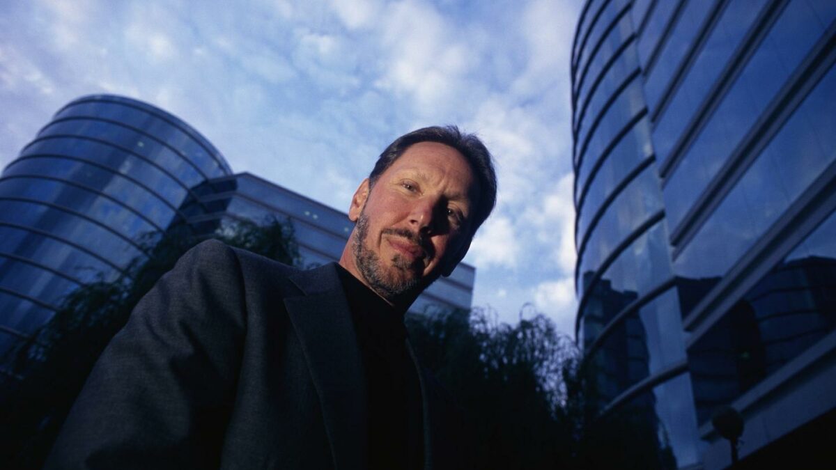 Oracle Chairman and then-CEO Larry Ellison in front of the company's California headquarters in 2000.